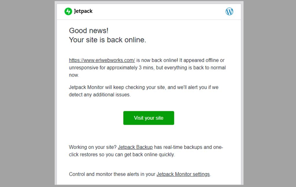 Jetpack DownTime Alert email